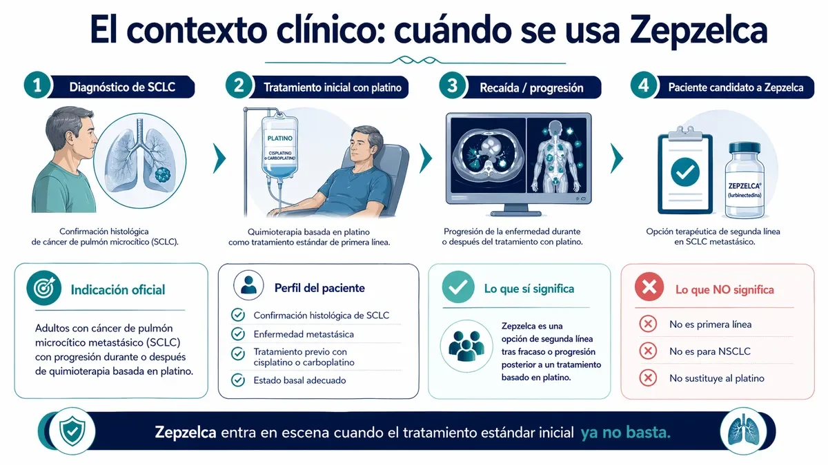 Infografía sobre el contexto clínico y uso de Zepzelca.