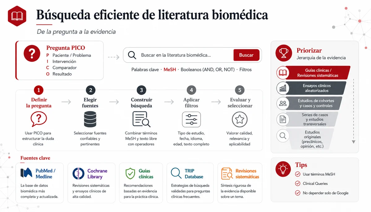 Diagrama del proceso de búsqueda eficiente de literatura biomédica