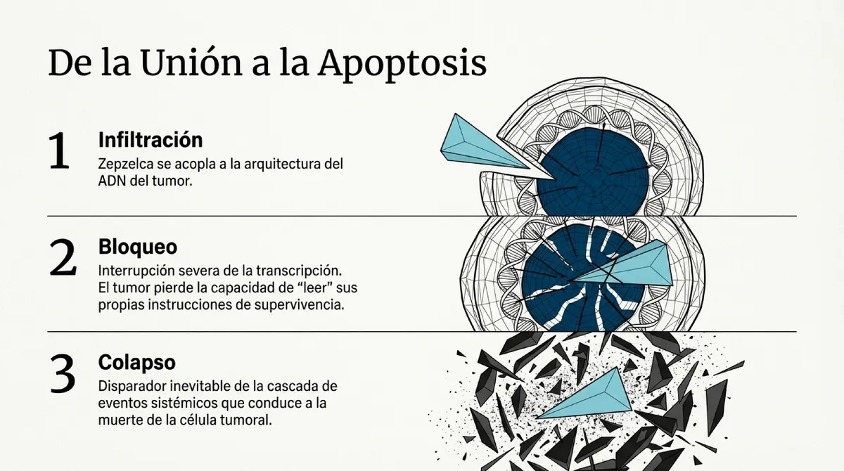 Diagrama de tres pasos que muestra la infiltración, bloqueo y colapso de la célula tumoral.
