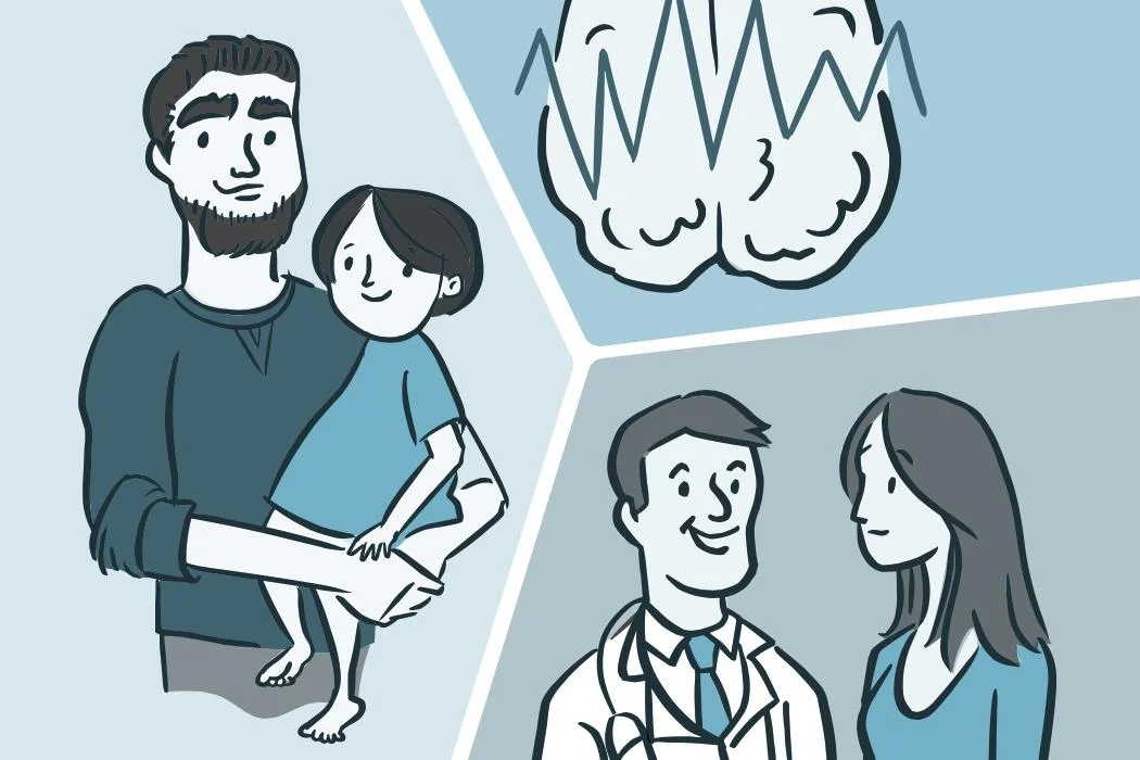Ilustración de un padre con un niño, un médico y una mujer en un entorno de consulta.