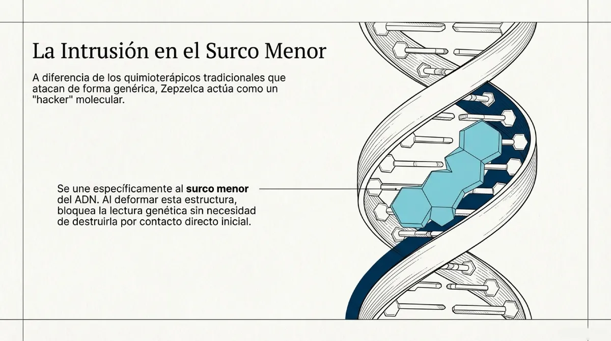 Ilustración del fármaco Zepzelca uniéndose al surco menor de la doble hélice del ADN.