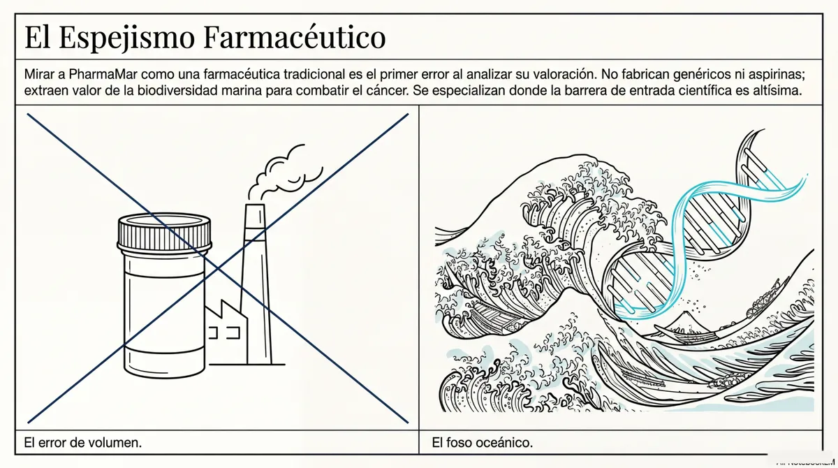 Comparación visual entre una farmacéutica tradicional tachada y una ola de mar con una cadena de ADN.